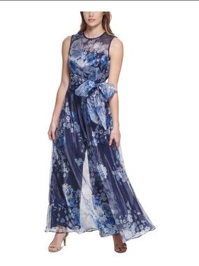 Eliza J Navy and Blue Floral Maxi Jumpsuit Dress with Bow Waist